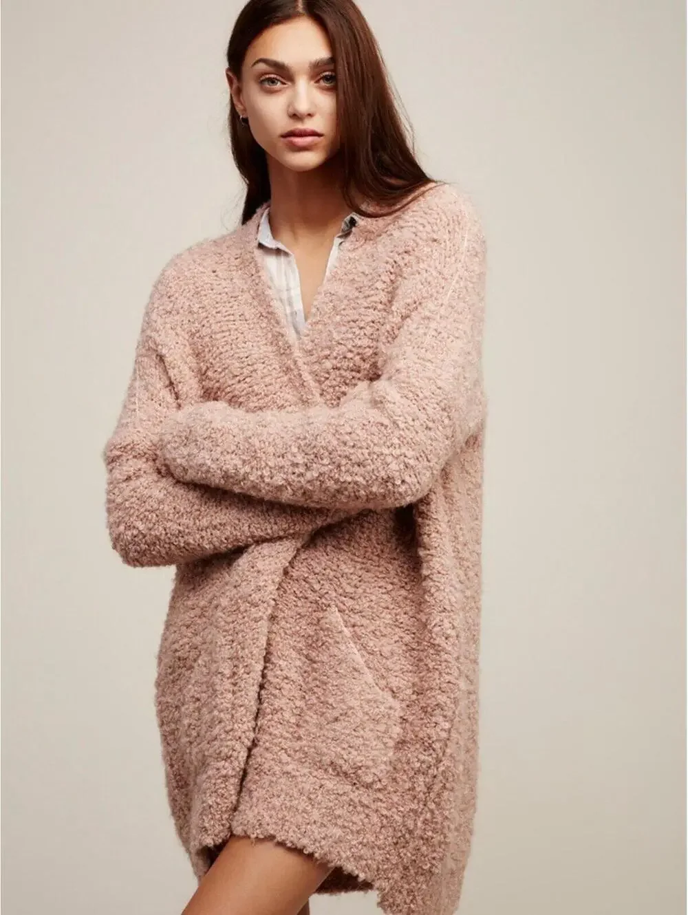 (RFB1) Free People Boucle Slouch Cardi Mauve Pink Medium EUC Oversized Cardigan